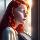 Red-haired woman with hairband gazes out window in warm sunlight