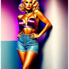 Illustration of woman with glamorous makeup and hair in crop top and denim shorts