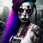 Skull makeup person with blue and purple hair in gothic cityscape.