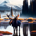 Majestic moose in snowy mountain landscape at sunset