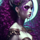 Vibrant purple hair woman with striking makeup and floral headpieces