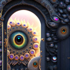 Ornate door with eye motifs in surreal peacock feather design opening to sunset sky