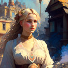 Digital painting of woman with flowers in hair, white blouse, brown corset, historical village backdrop