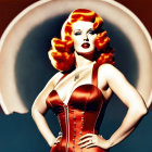 Portrait of Woman with Red Hair in Vintage Red Corset Dress