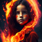 Young girl with curly hair and blue eyes engulfed in flames wearing red attire.