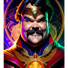 Character with mustache in ornate robes and golden amulet on cosmic background