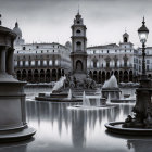 European Square at Twilight with Monument, Fountains, and Classical Architecture