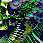 Neon-colored skull with floral and fern-like growths