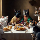 Five Cats in Renaissance Attire Dining Together at Table