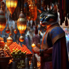Colorful Market Scene: Anthropomorphic Cats, Hanging Lanterns & Fresh Fruits