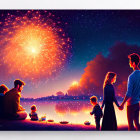 Family Watching Vibrant Fireworks Display Over Lake at Night