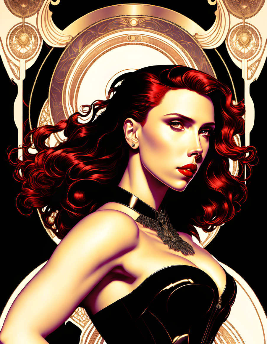 Art Deco-inspired illustration of woman with flowing red hair against golden backdrop