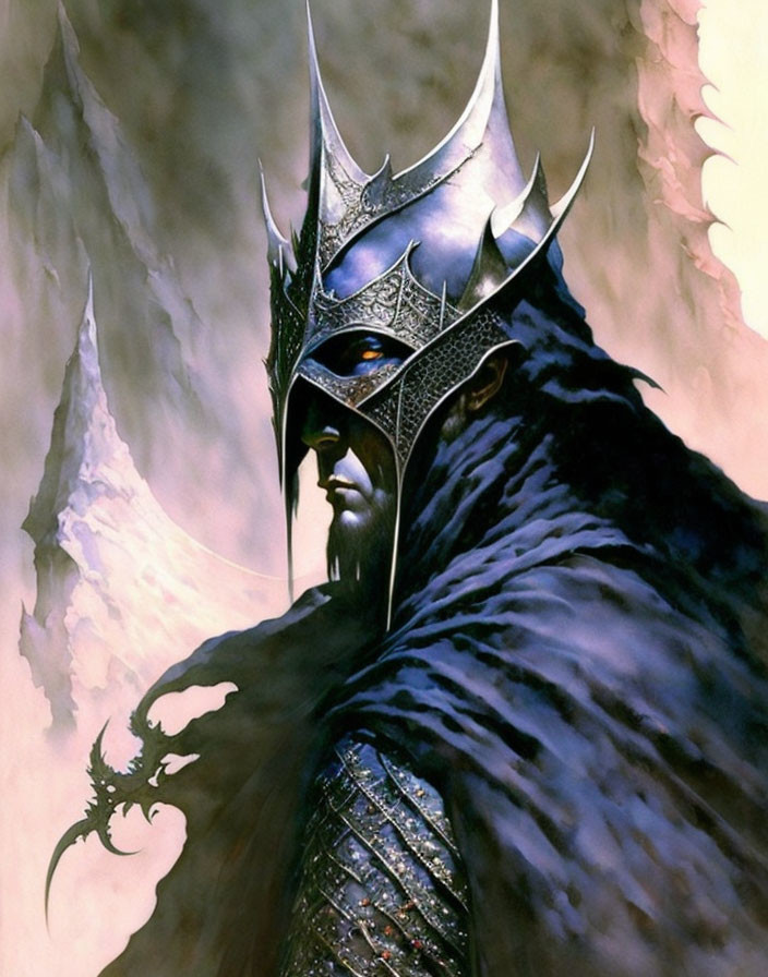 Mysterious figure in regal black armor with silver filigree & dramatic helmet