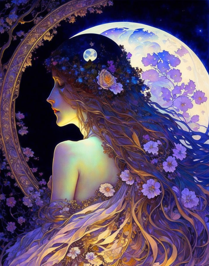 Woman with Wings in Moonlit Night Sky with Floral Details