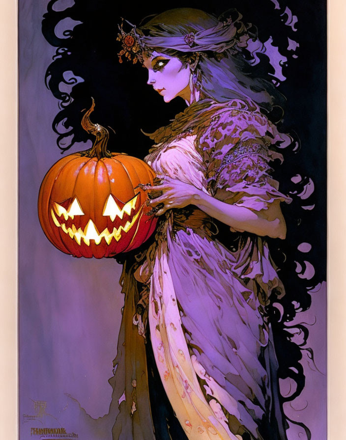 Stylized illustration of person with jack-o'-lantern in ornate attire