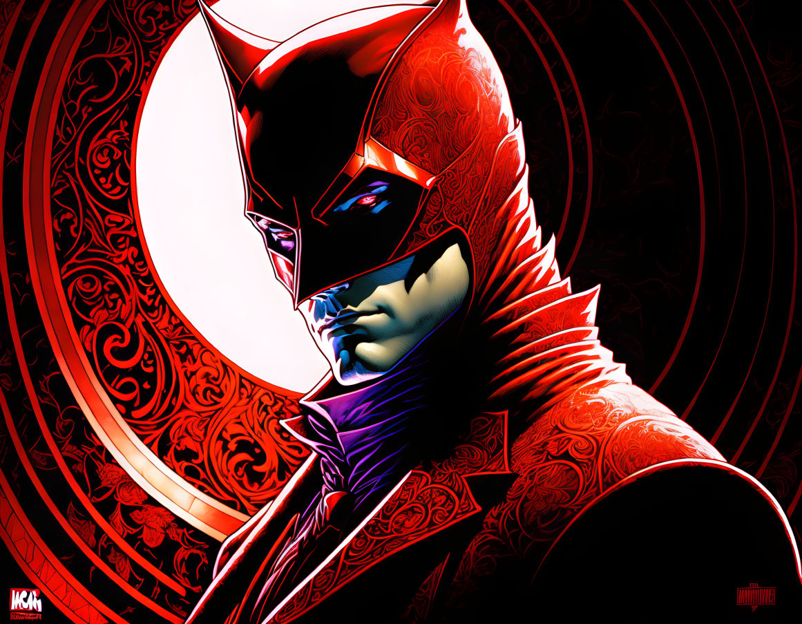 Character in Red and Black Bat Costume on Ornate Red Background