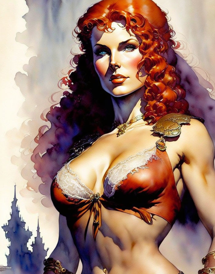 Red-Haired Female Character in Revealing Corset with Castle Silhouette