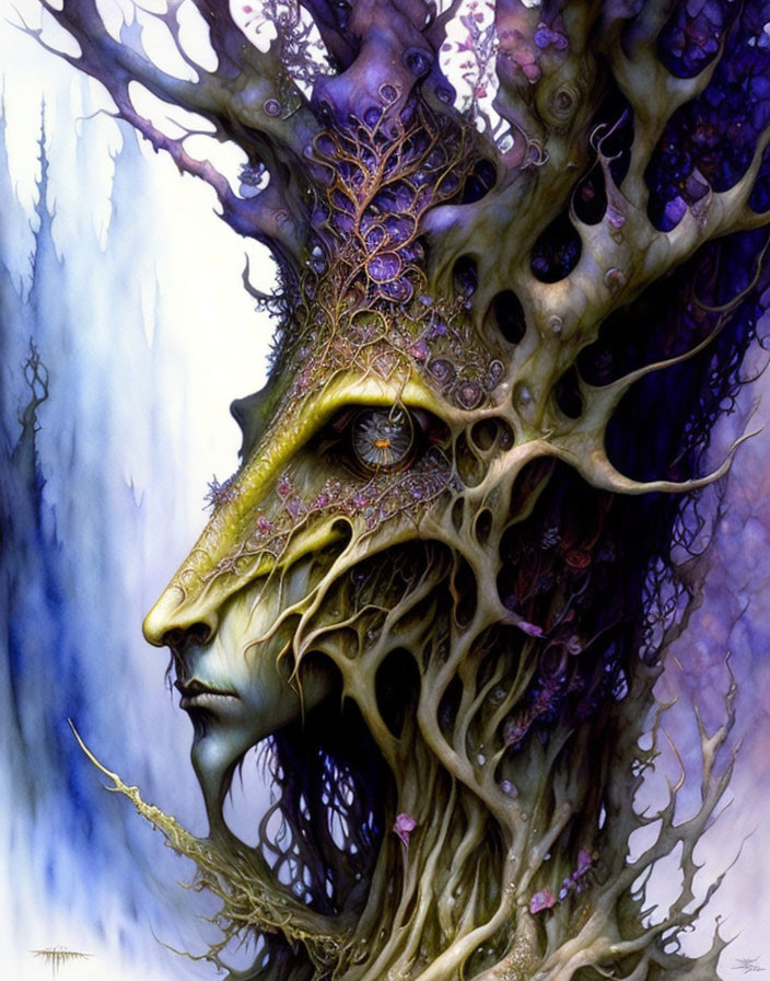 Fantastical tree-like entity with human face in misty blue setting