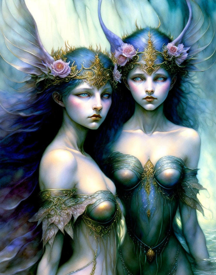 Ethereal Women with Elaborate Headdresses in Fantasy Art