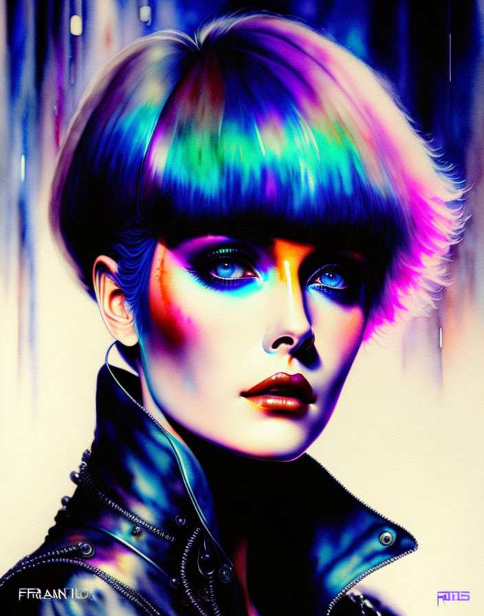 Colorful portrait of a person with multicolored hair and blue eyes in black jacket and vibrant makeup