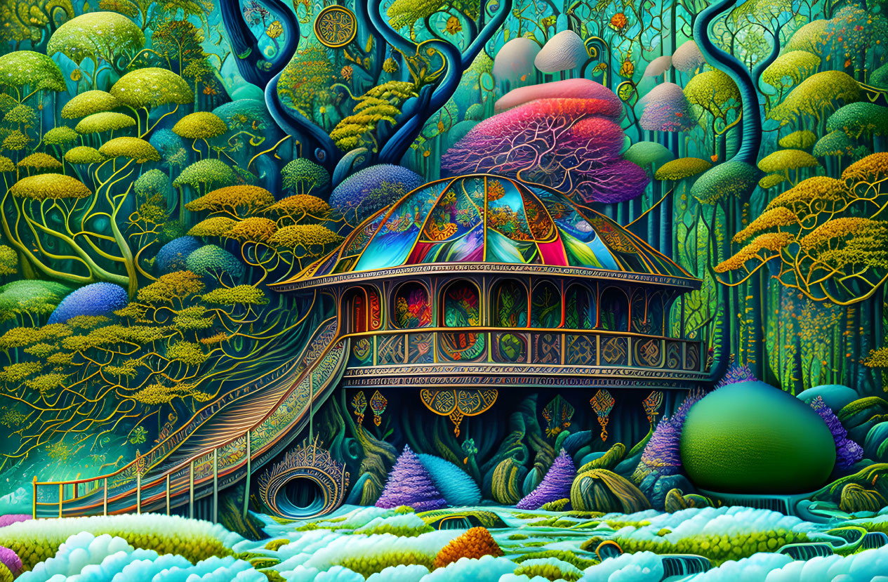 Detailed Fantastical Landscape with Ornate Gazebo and Whimsical Trees