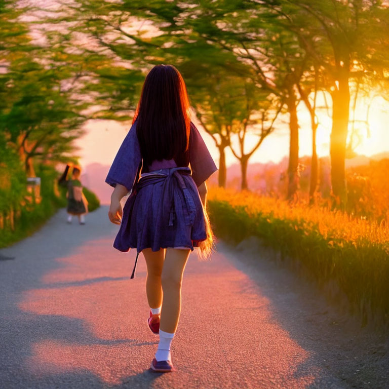 Person walking on tree-lined path at vibrant sunset