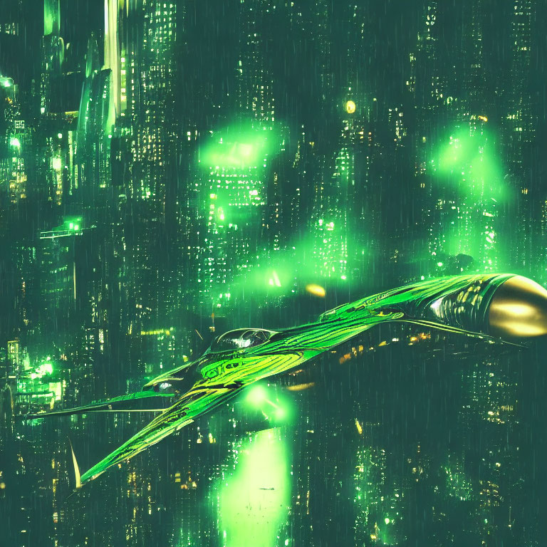 Green-Toned Futuristic Cityscape with Digital Rain and Flying Vehicle