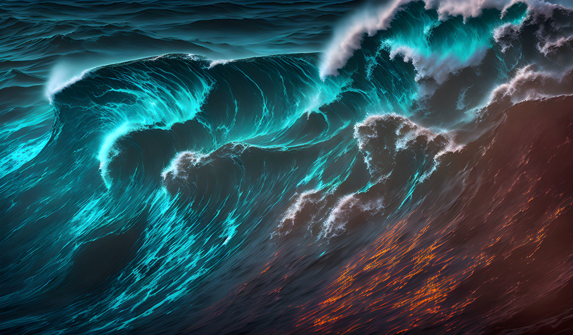 Bioluminescent Blue Glow on Large Curling Wave in Red-Orange Waters