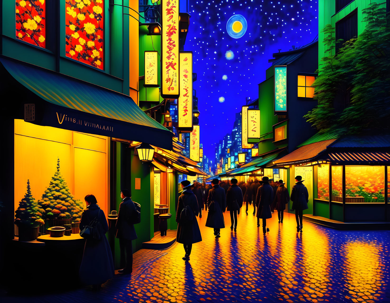 Colorful night scene: vibrant street, people walking, lanterns, neon signs, star-filled sky