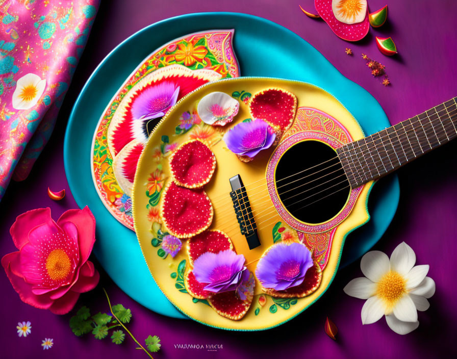 Colorful Still Life Composition with Blue Guitar and Fruit Slices