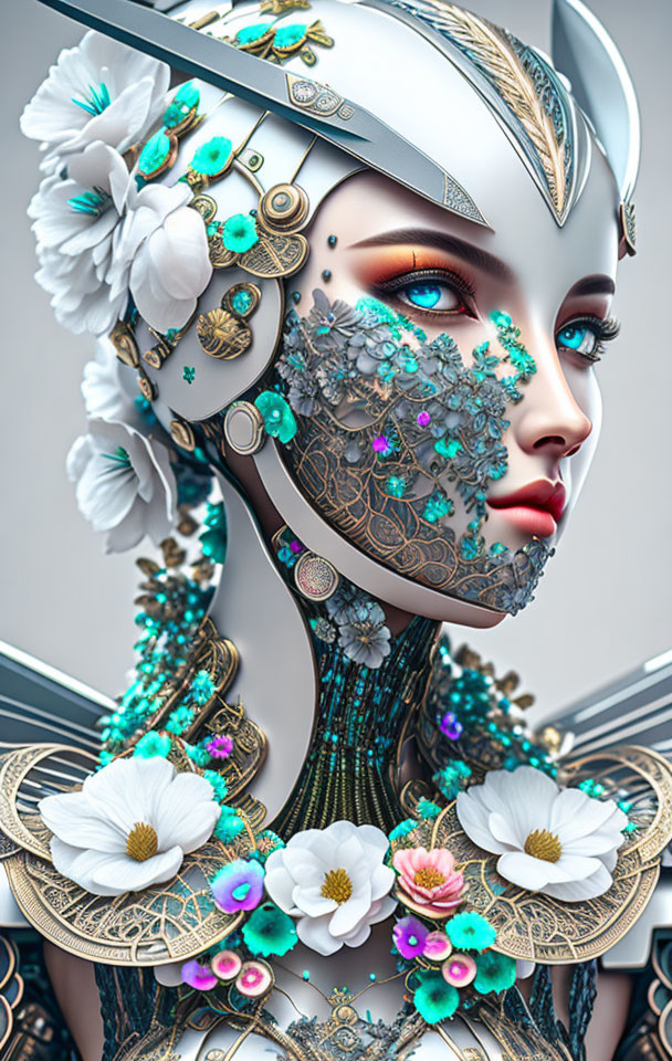 Futuristic female digital art portrait with ornate headgear & floral decorations