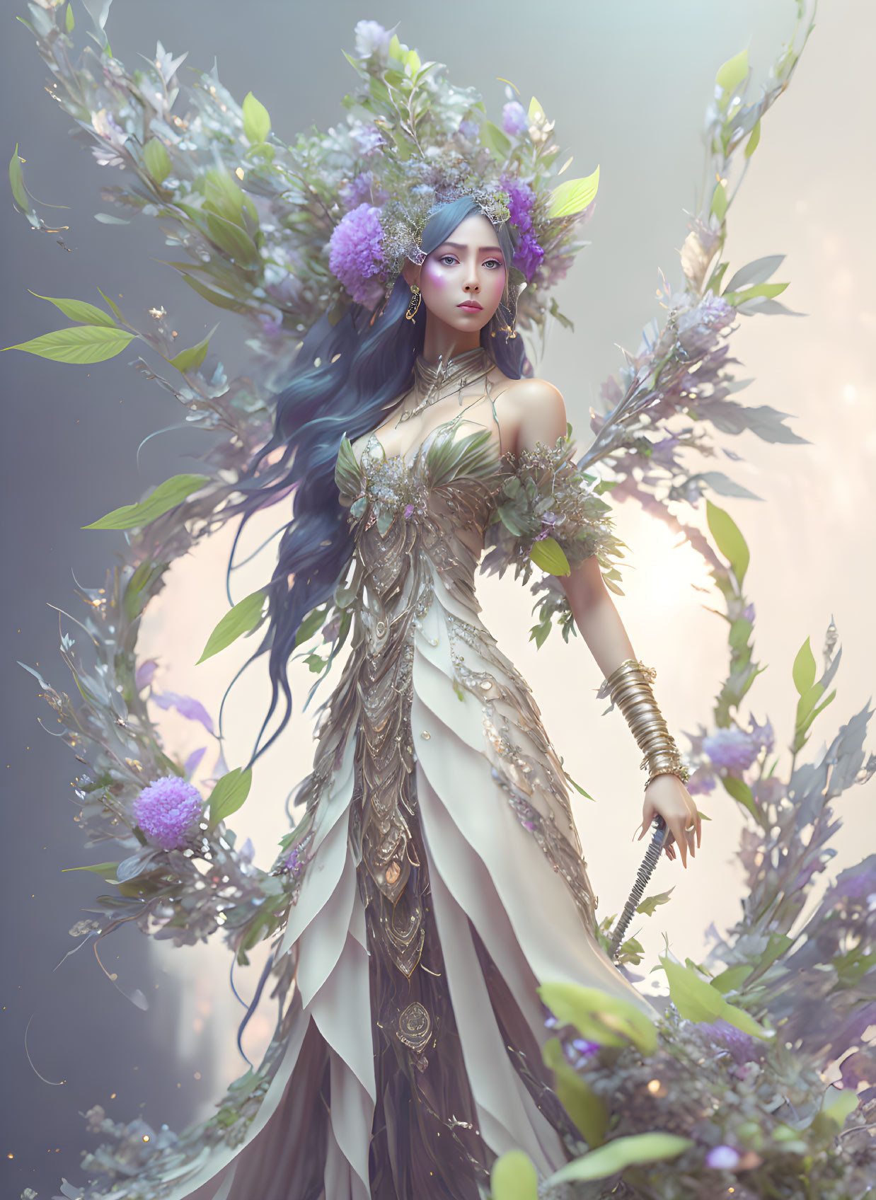 Mystical female figure with floral elements and intricate gown