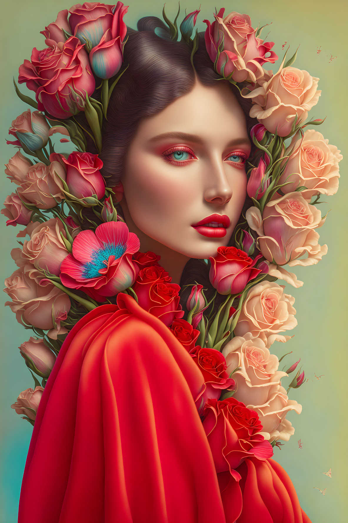 Colorful Rose and Butterfly Stylized Portrait of Woman in Red Cloak