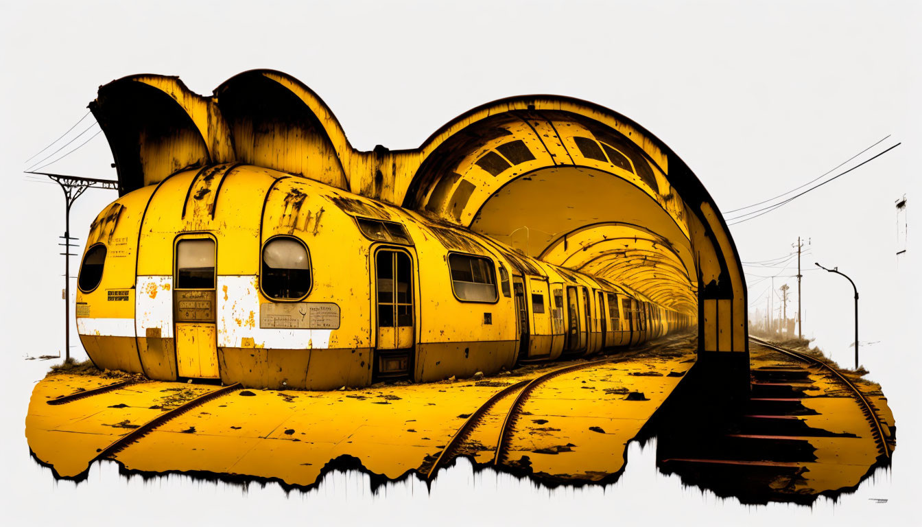 Stylized drawing: Long yellow abandoned train with graffiti in desolate landscape