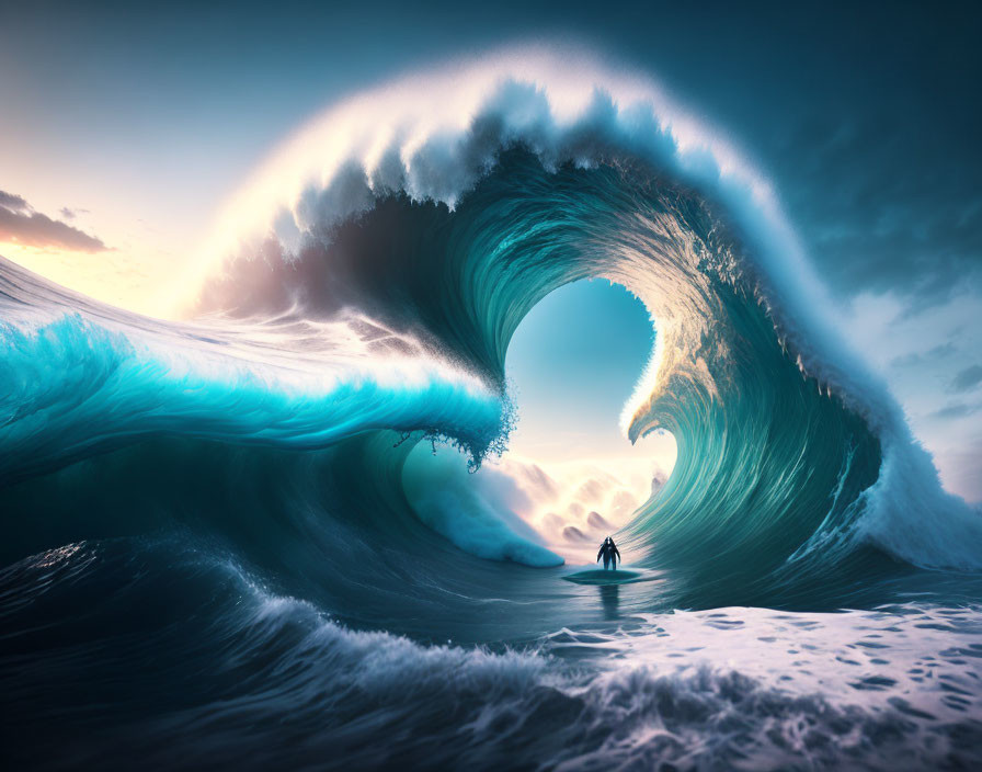 Surfer facing enormous curved wave under dramatic sky