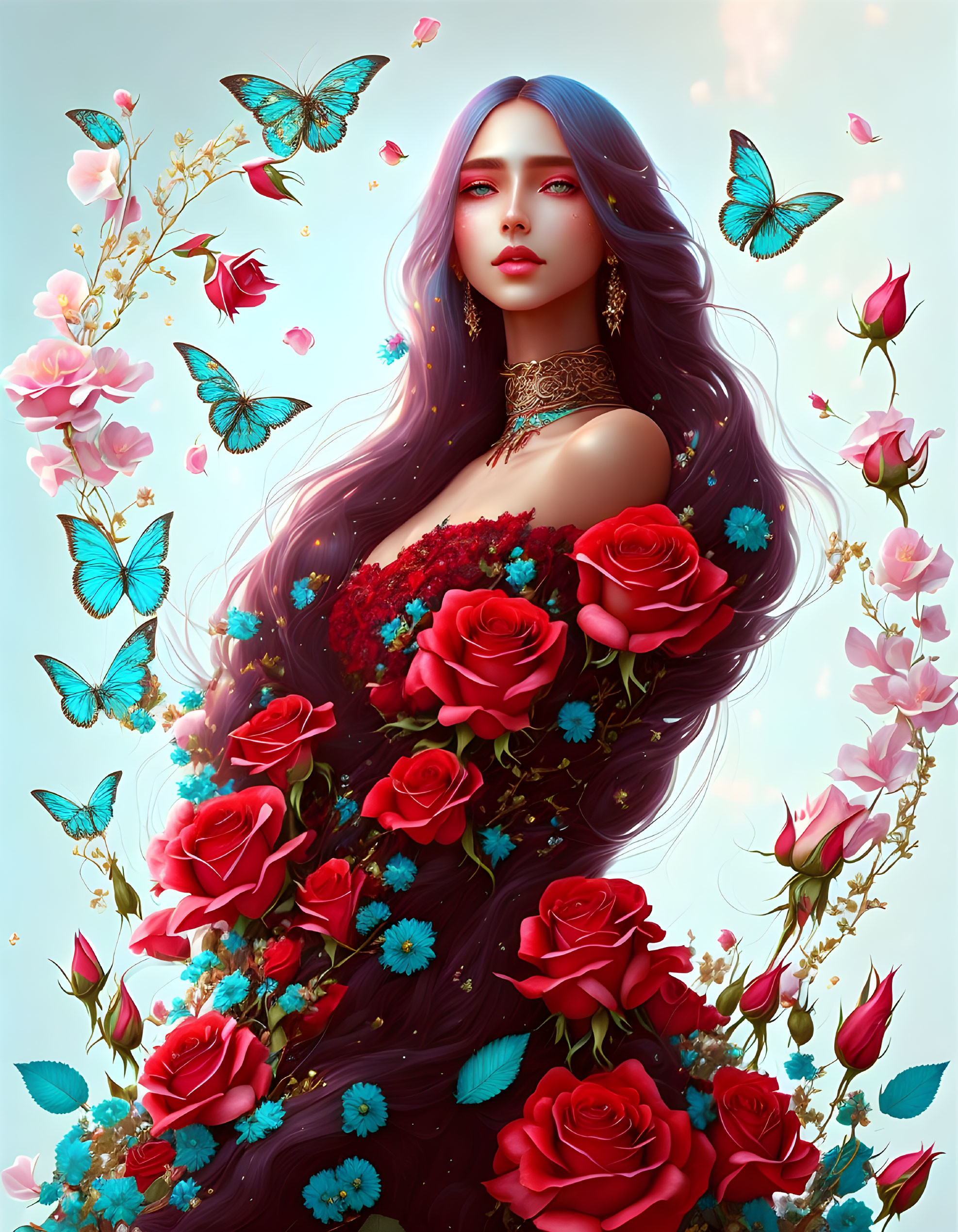 Illustrated woman with long blue hair, vibrant flowers, and butterflies on sky-blue background