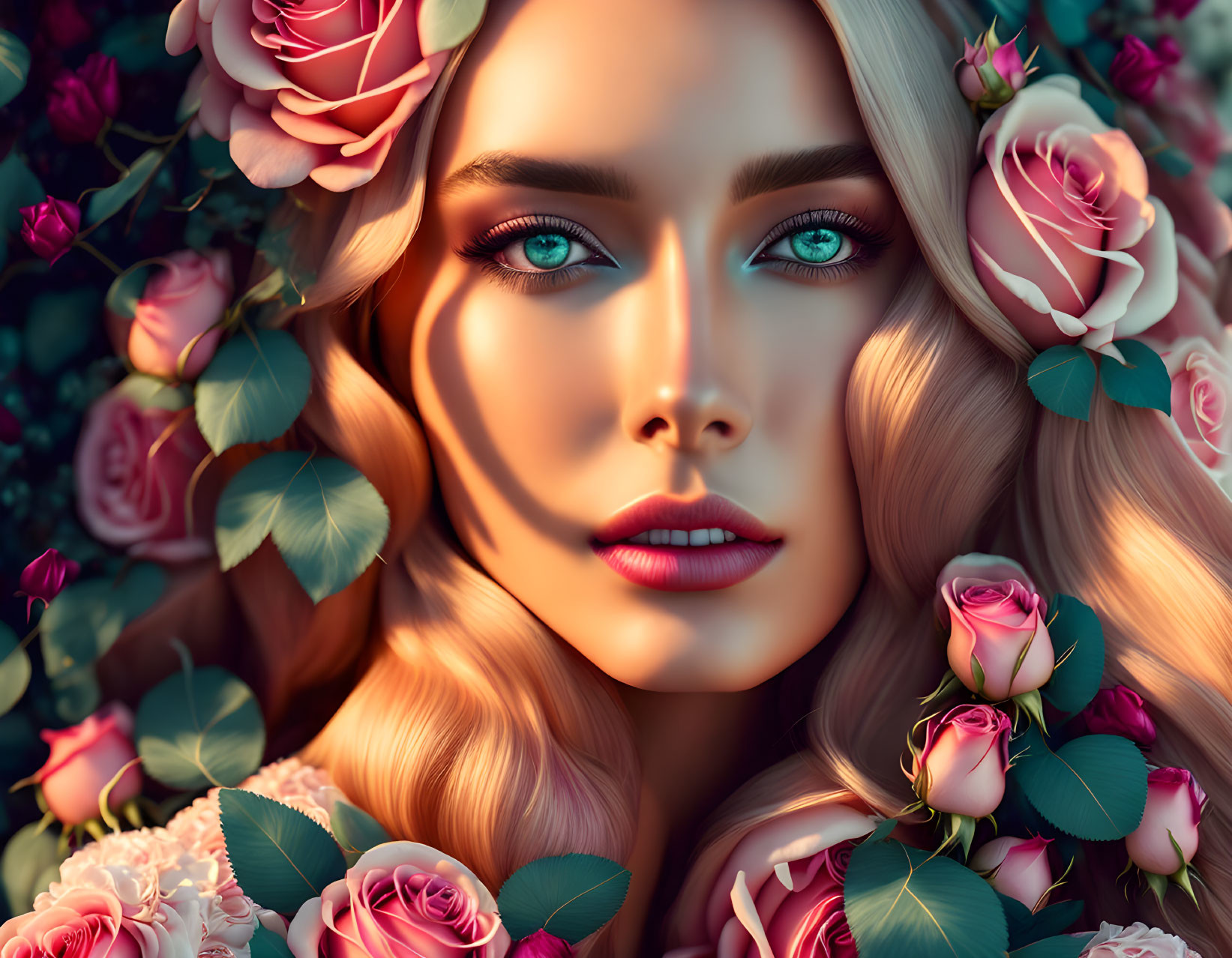 Digital portrait of woman with vibrant blue eyes and pink roses.