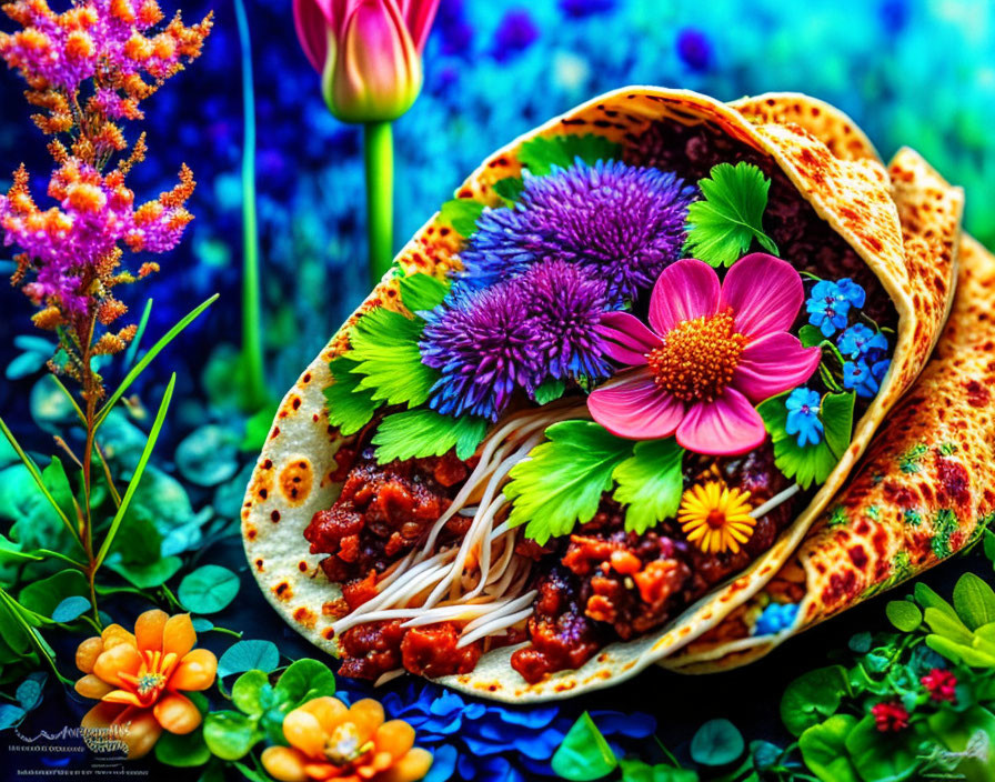 Vibrant floral taco surrounded by colorful flowers and plants