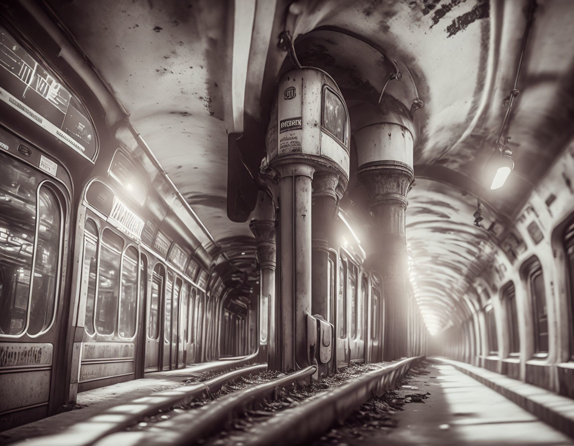 Vintage-style subway station with empty train, ornate columns, sepia tones.