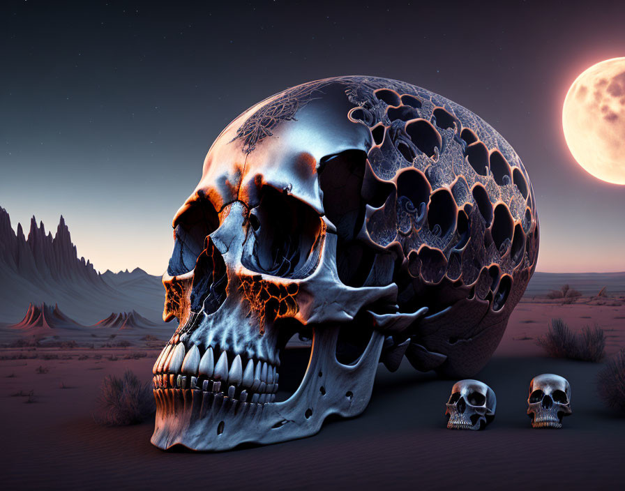 Surreal desert twilight scene with ornate and small skulls.