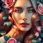 Digital portrait of woman with vibrant blue eyes and pink roses.