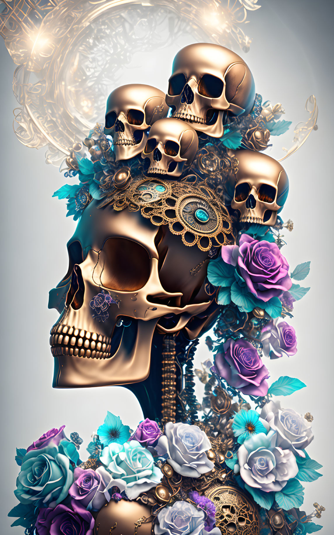 Artistic Composition: Golden Skulls with Jewelry and Roses on Soft Background