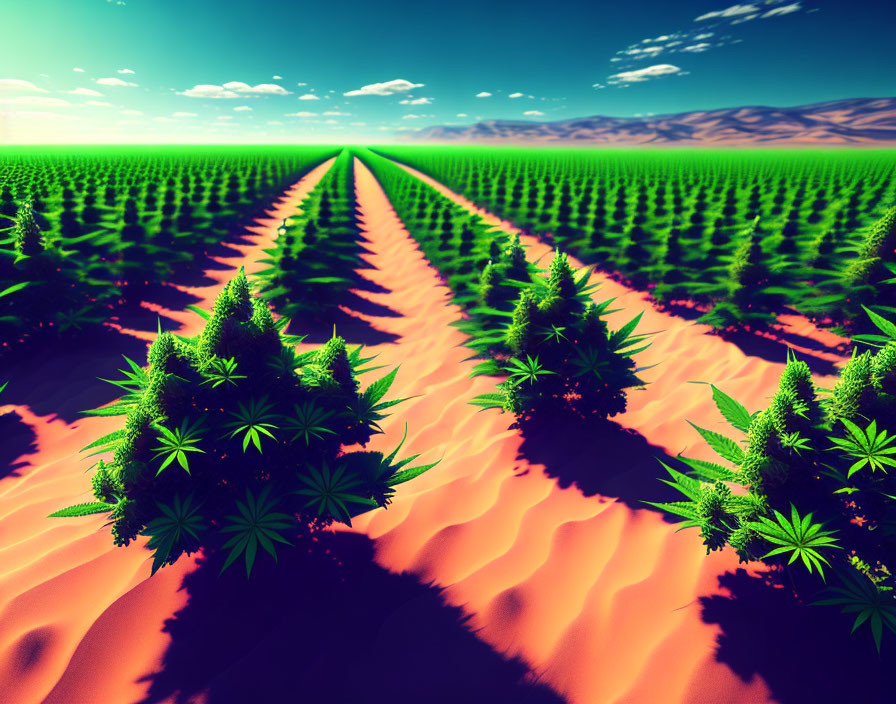 Expansive Cannabis Field at Sunset with Rows of Plants