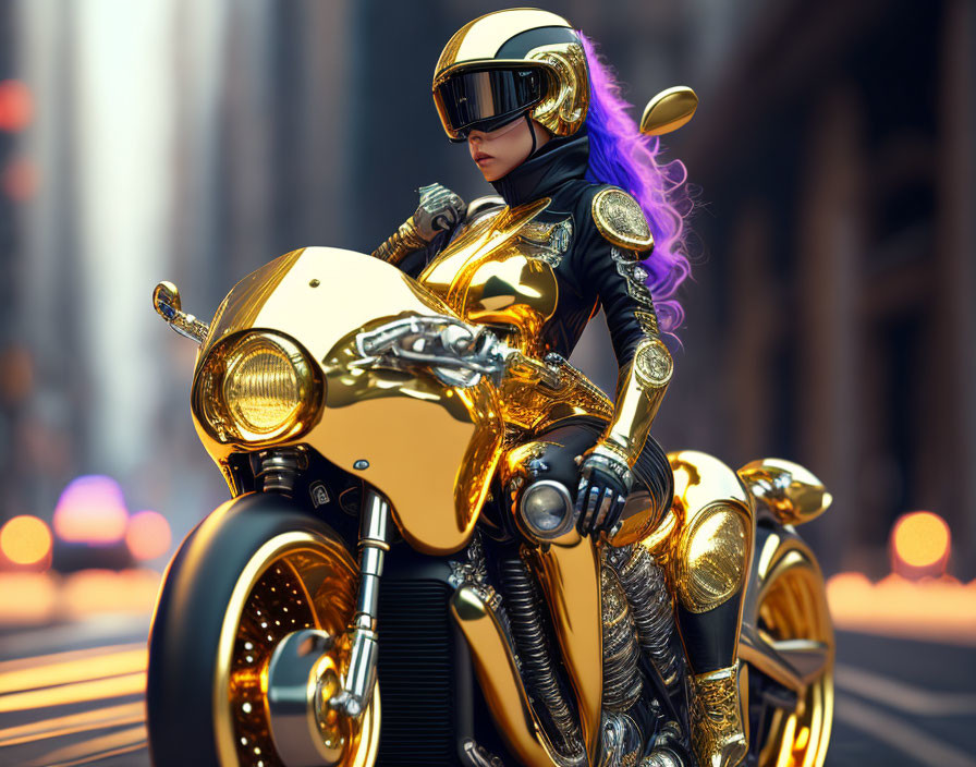 Futuristic rider in gold motorcycle suit and helmet with purple hair on neon-lit city street