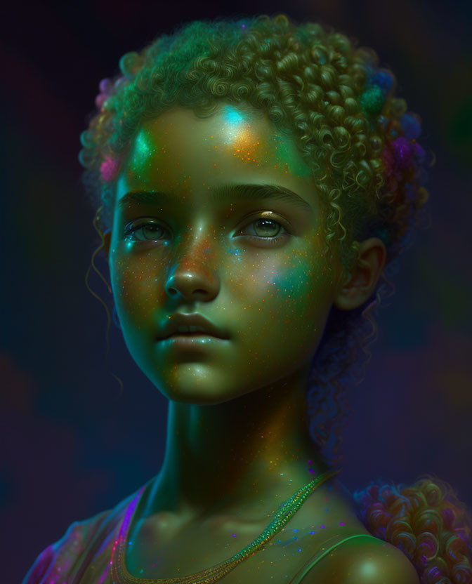 Colorful makeup portrait of a girl with curly hair in neon-lit ambiance