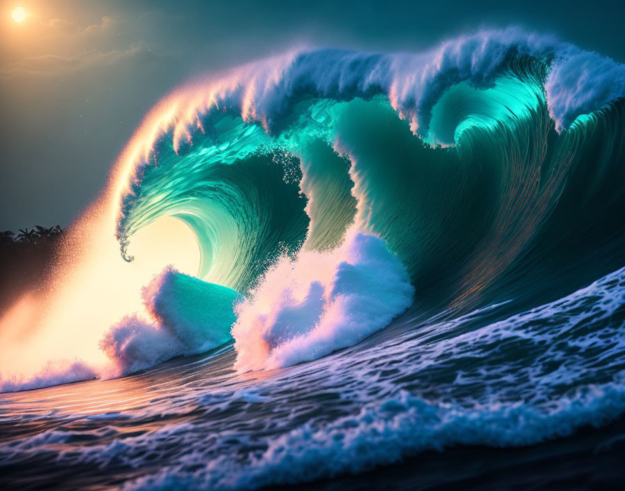 Large Majestic Turquoise Wave Curling in Sunset Sky