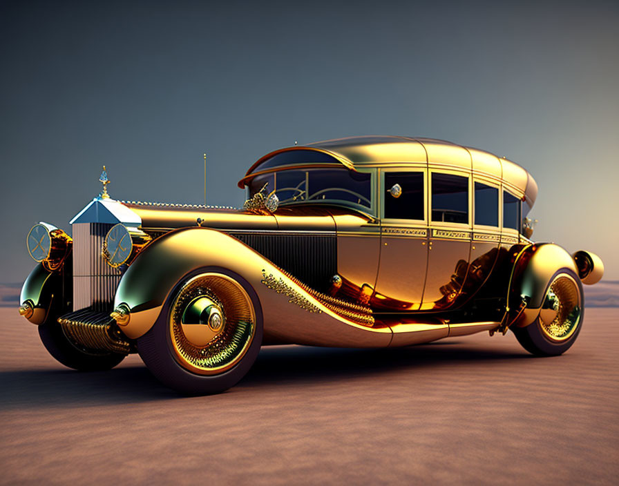 Vintage luxury car with gold detailing and art deco design in desert setting