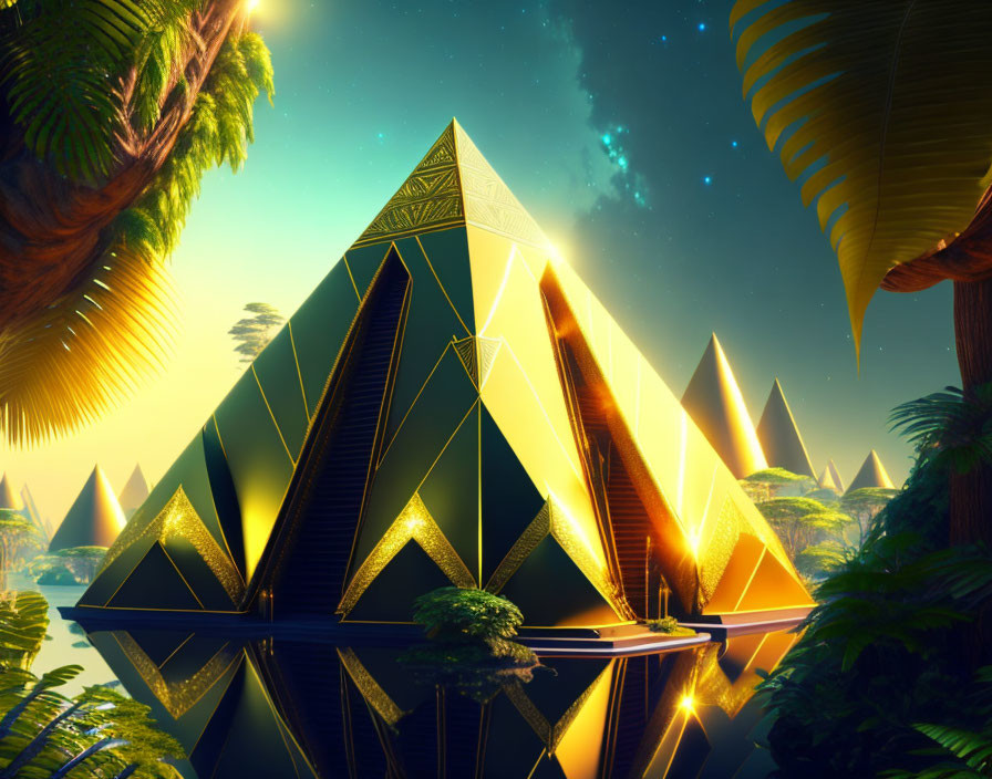 Golden Pyramids Glowing in Tropical Landscape