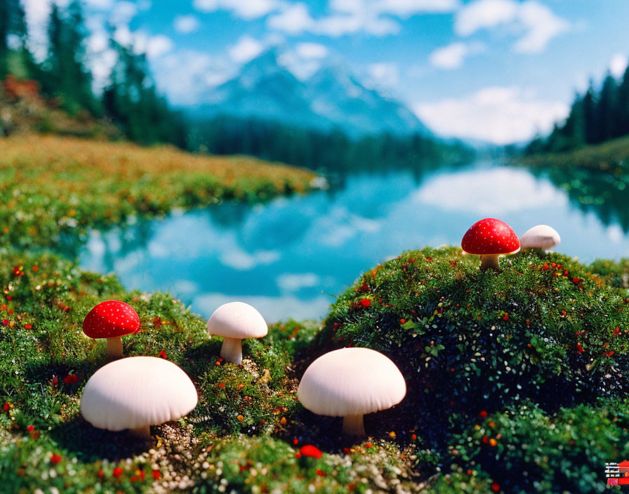 Vibrant red and white mushrooms by serene lake and mountains