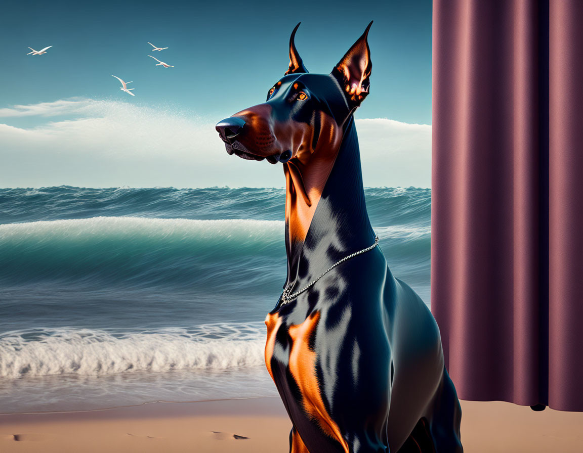 Majestic Doberman by Ocean with Waves and Seagulls